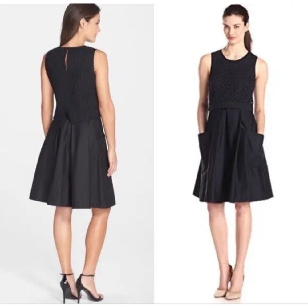 Eliza J Size 10 Black Eyelet Popover Mix Media Knee Length Party A-Line Dress